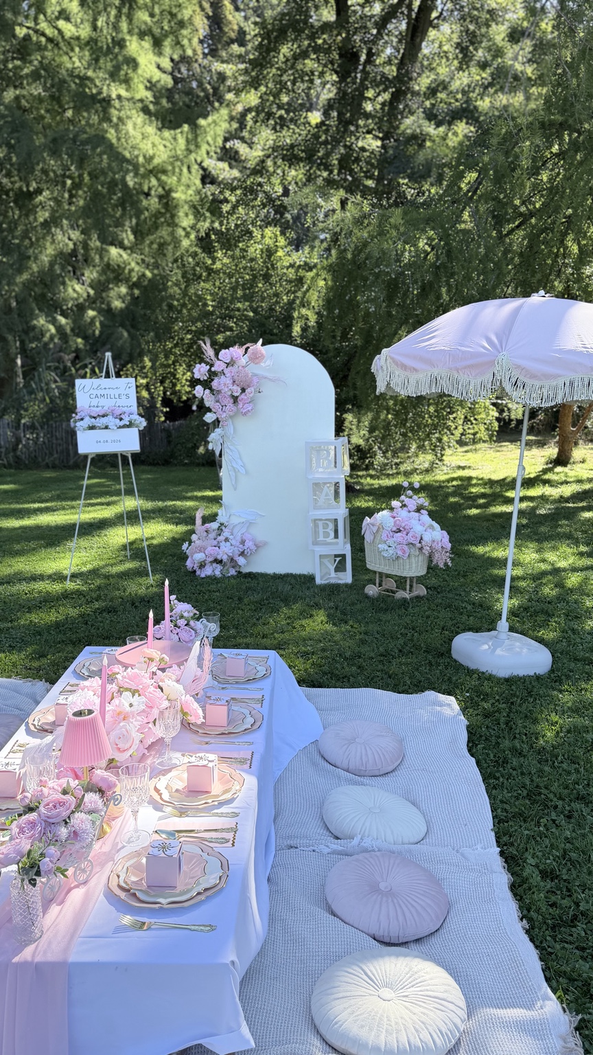Décoration complète de baby shower rose